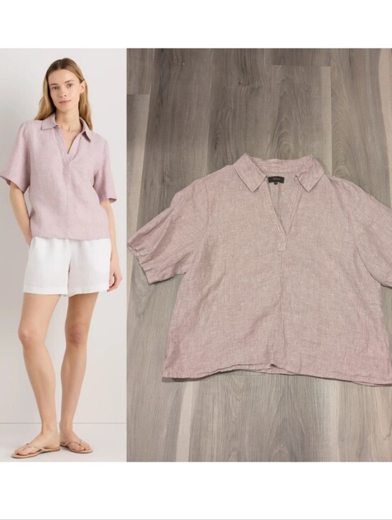 Quince Tops - Quince | 100% European Linen Short Sleeve Popover Top In Vintage Pink Chambray